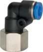 Złączka wtykowa kątowa obrotowa, gwint wewnętrzny stożkowy R, ciśnienie 15 bar, teflon, tworzywo PBT/ mosiądz niklowany