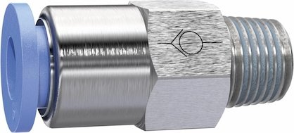 Zawór zwrotny wtykowy prosty z gwintem zewnętrznym (teflon) kierunek przepływu od wtyku do gwintu