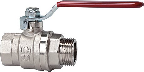 Zawór kulowy 40 bar, rączka kolor czerwony, gwint wewnętrzny / zewnętrzny, mosiądz niklowany