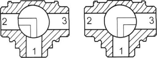 Przekrój zaworu dla dwóch położeń rączki