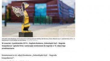 Nominacja do Dolnośląskich Gryfów 2019 - artykuł w Gazecie Wrocławskiej