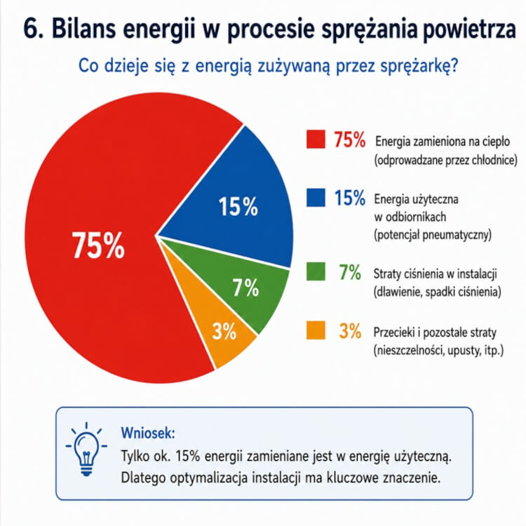 Diagram - Bilans energii w procesie sprężania Diagram przedstawiający bilans energii w procesie sprężania powietrza z podziałem na energię użyteczną i straty ciepła