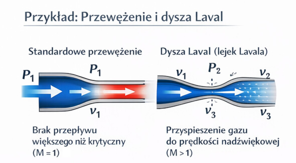 Dysza Lavala – przepływ naddźwiękowy Dysza Lavala wykorzystująca równanie Eulera do przyspieszania gazu do prędkości naddźwiękowych poprzez odpowiednie przewężenie