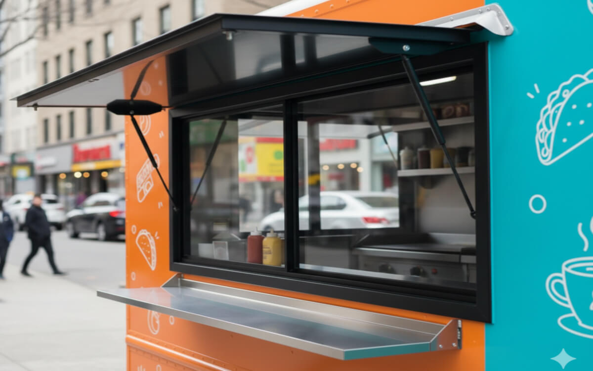 Siłowniki do otwierania klapy w pojeździe gastronomicznym Siłowniki do klapy Foodtracka