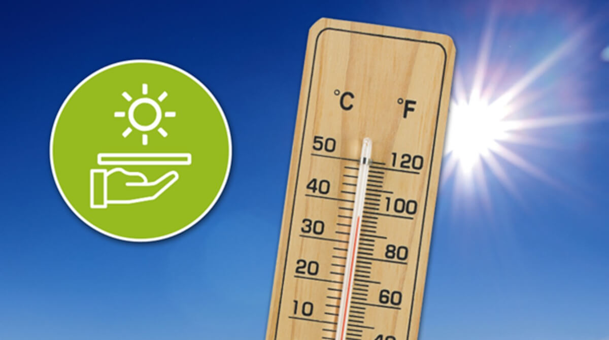 Letnie warunki pracy a obciążenie układu uzdatniania Termometr i letnie słońce wskazujące na wysokie temperatury otoczenia