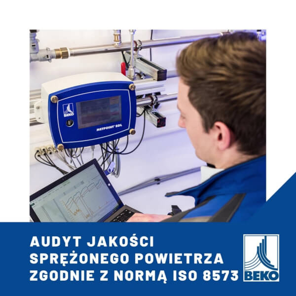 Audyt jakości sprężonego powietrza wg ISO 8573-1 Urządzenie pomiarowe BEKO METPOINT BDL wykonujące audyt jakości sprężonego powietrza określający transport masy i cieczy