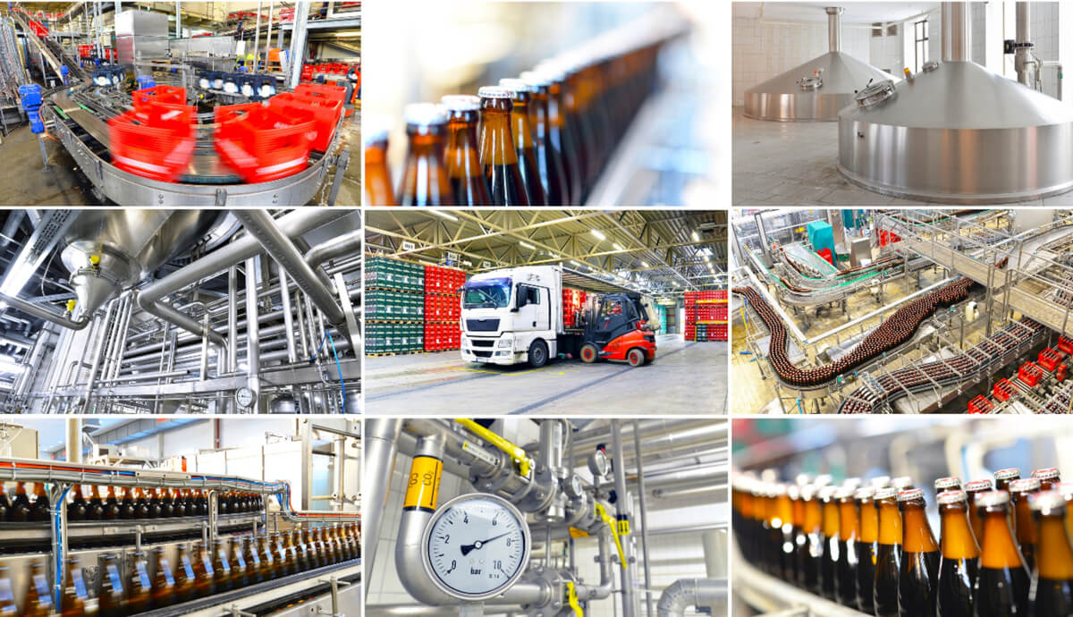 Fragment zautomatyzowanej linii butelkującej, wykorzystującej pneumatykę