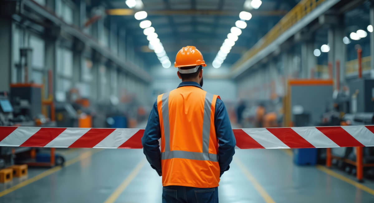 Taśma ostrzegawcza wyznaczająca strefę dostępu do zautomatyzowanej linii Wydzielanie stref przy taśmach przenośnikowych i robotach przemysłowych