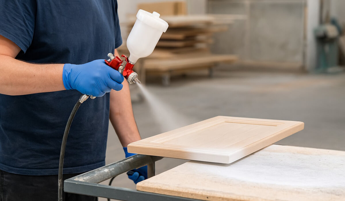 Osoba malująca meble za pomocą pistoletu lakierniczego STAR