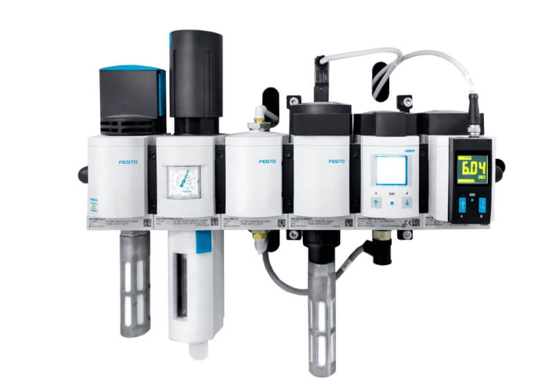 Moduł efektywności energetycznej Festo MSE6, pokazujący monitorowanie zużycia sprężonego powietrza i analizę danych