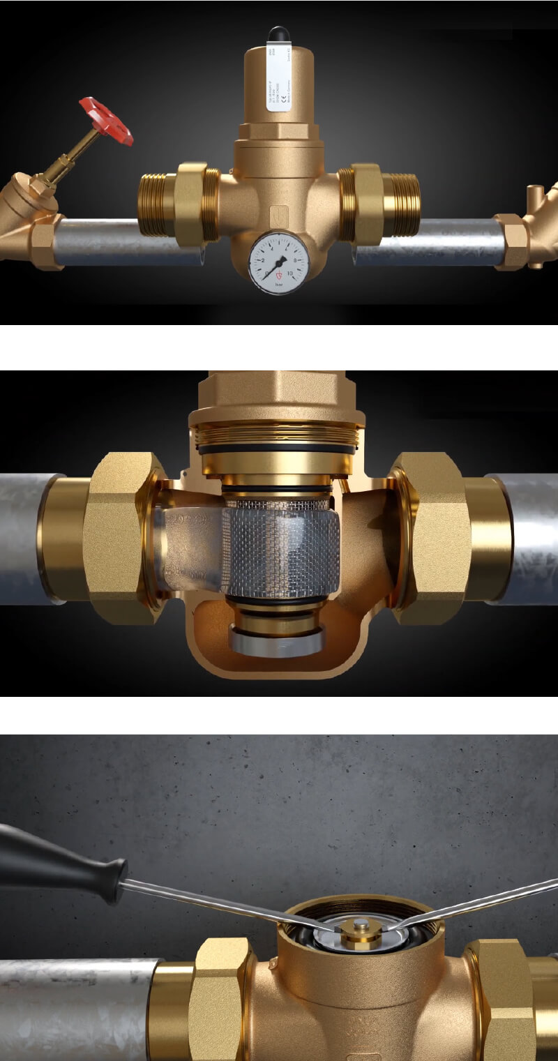 Przekrój reduktora ciśnienia pokazujący mosiężną obudowę