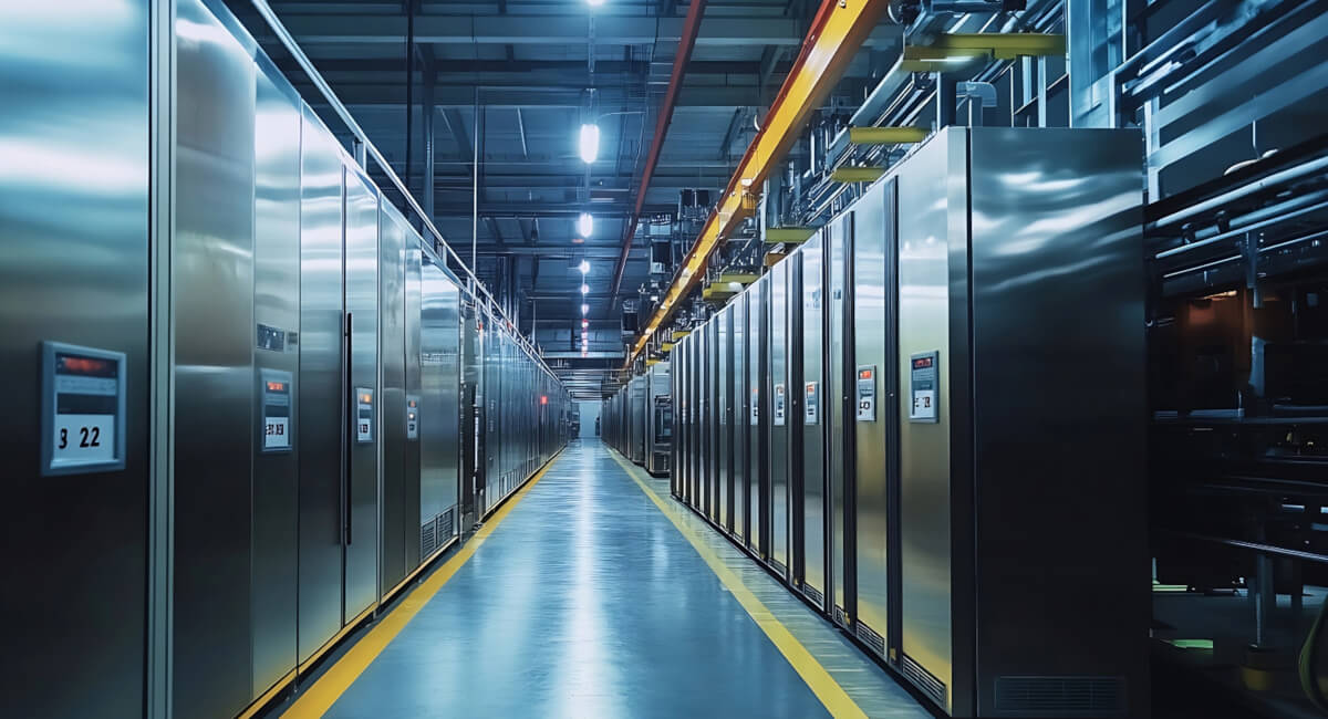 Wnętrze mroźni spożywczej z widoczną instalacją pneumatyczną