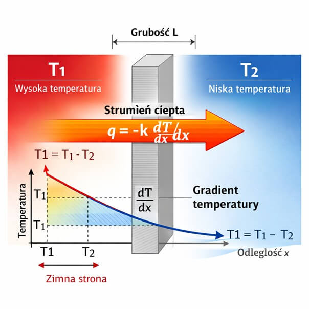 Graficzna ilustracja prawa Fouriera pokazująca gradient temperatury i gęstość strumienia ciepła przez przegrodę