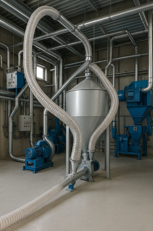 Wąż Masterflex Trivolution zainstalowany w przenośniku pneumatycznym w magazynie