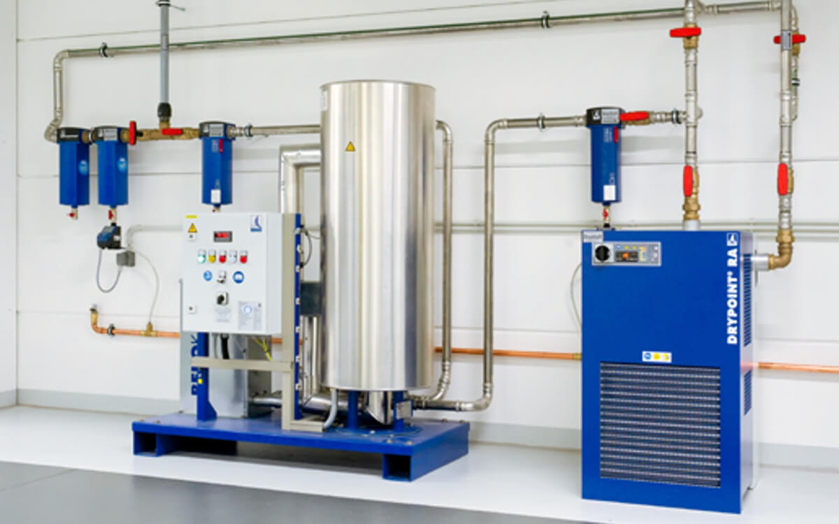 Podział instalacji pneumatycznej na węzły Schemat techniczny CAD z podziałem instalacji na logiczne węzły badawcze od sprężarki do punktów poboru