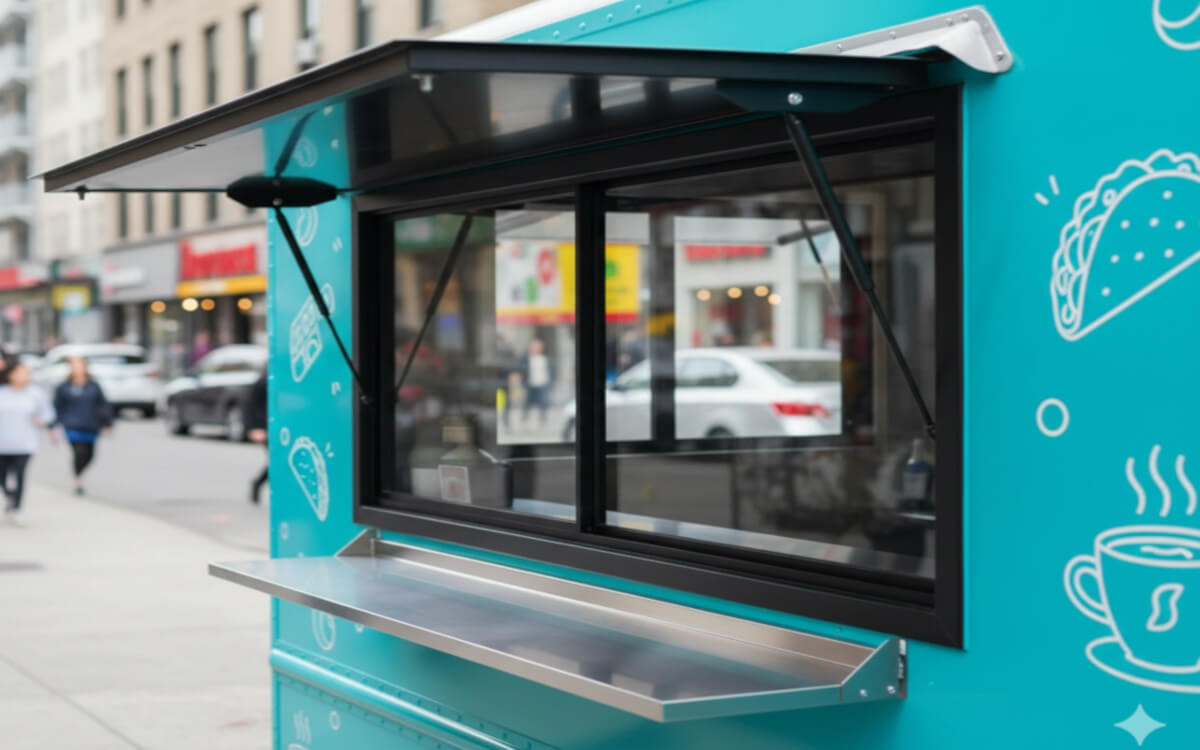 Otwarta klapa w Foodtracku Otwieranie klapy w samochodzie gastronomicznym