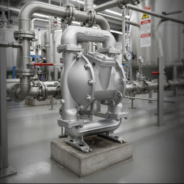 Bezpieczny transport kwasu azotowego Pneumatyczna pompa membranowa Samoa Pivot UP20 ze stali nierdzewnej, realizująca transport kwasu azotowego w zakładzie produkcyjnym