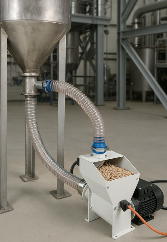 Wąż do podajnika pelletu Wąż techniczny przeznaczony do transportu pelletu, z widoczną antystatyczną spiralą