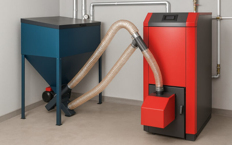 Węże do podajników - wąż na pellet drzewny w instalacjach domowych Wąż do pelletu w domowym systemie grzewczym, łączący zasobnik z kotłem