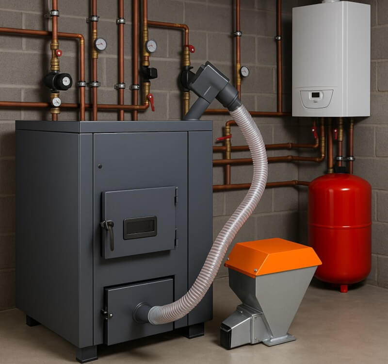 Węże odciągowe antystatyczne Wąż odciągowy PUR, widoczny w instalacji ssącej, transportujący pellet z magazynu