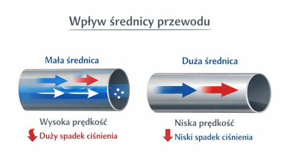 Wpływ średnicy przewodu na przepływ Schemat porównujący małą i dużą średnicę przewodu oraz ich wpływ na prędkość przepływu i straty ciśnienia zgodnie z równaniem Eulera