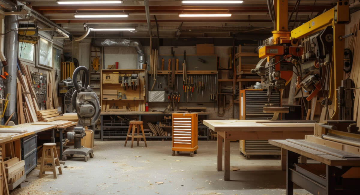 Warsztat stolarski z widoczną instalacją rur aluminiowych i punktami poboru