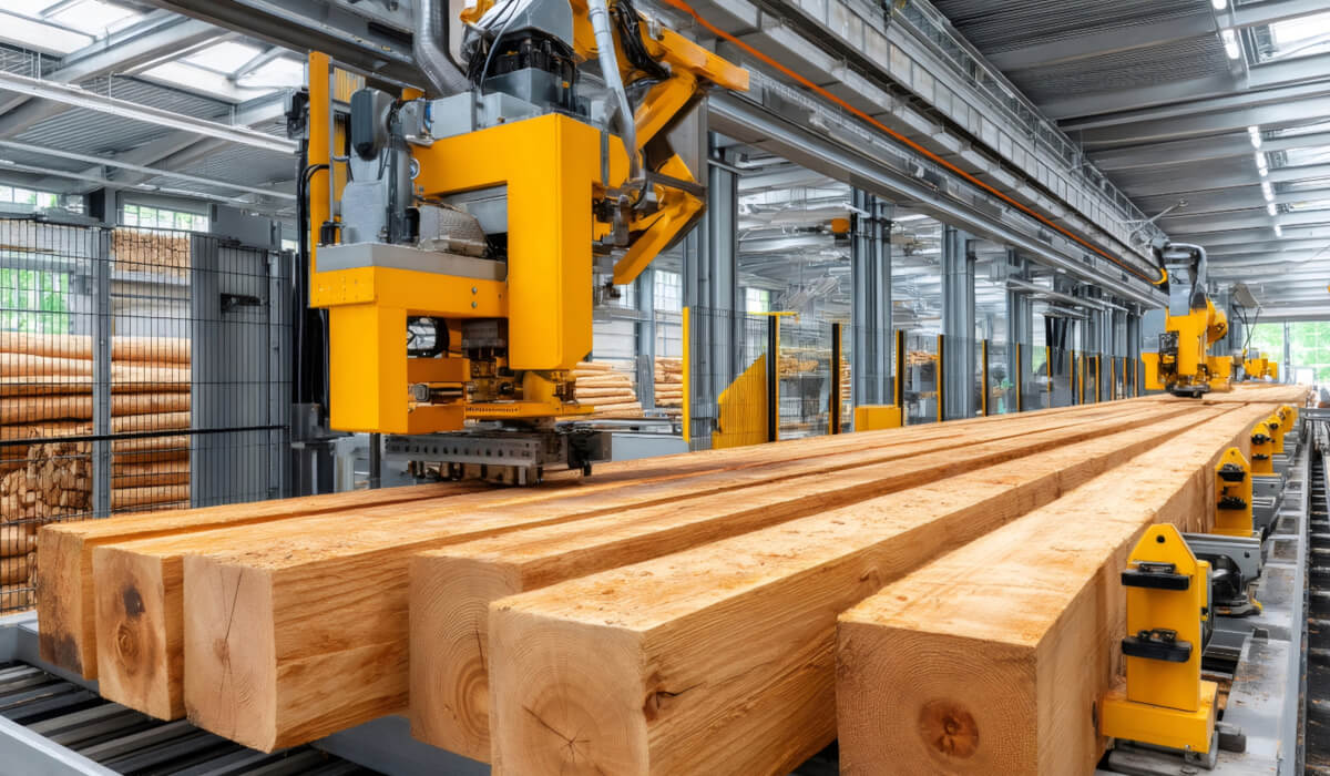 Nowoczesna instalacja sprężonego powietrza rozprowadzona po hali tartaku przez Pneumat System