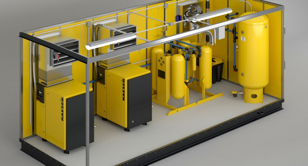 Zdjęcie dużej instalacji z kompresorami i zbiornikami ciśnieniowymi