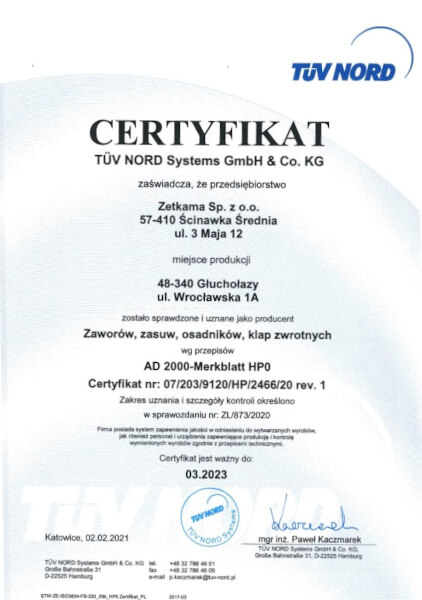 Armatura przemysłowa Zetkama z certyfikatem TÜV NORD