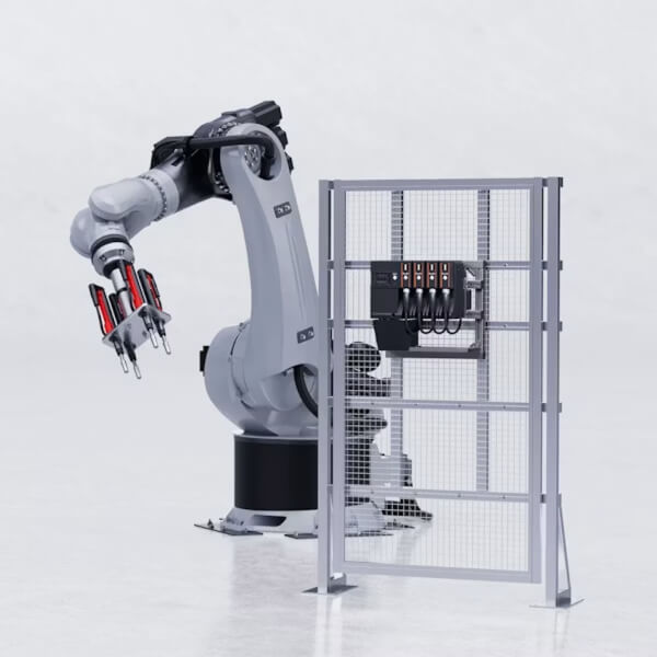 Zautomatyzowany system wielowrzecionowy Desoutter MULTI z robotem Robot przemysłowy połączony z modułowym systemem wielowrzecionowym Desoutter MULTI