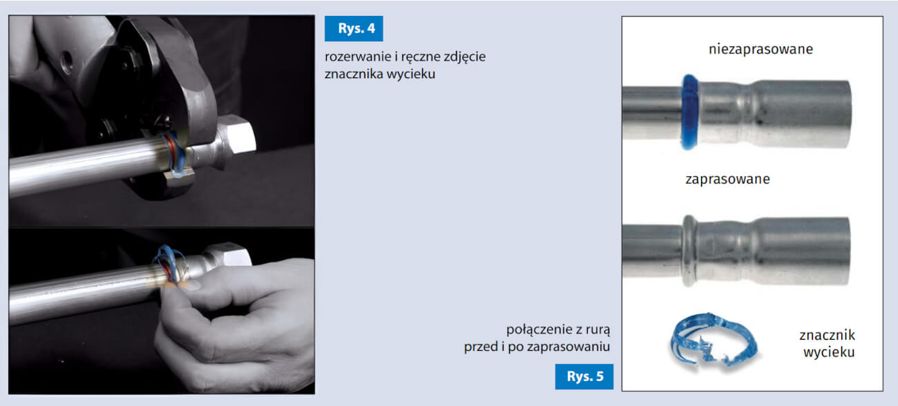 Porównanie rury zaprasowanej i niezaprasowanej Rozerwanie i ręczne zdjęcie znacznika wycieku po zaprasowaniu